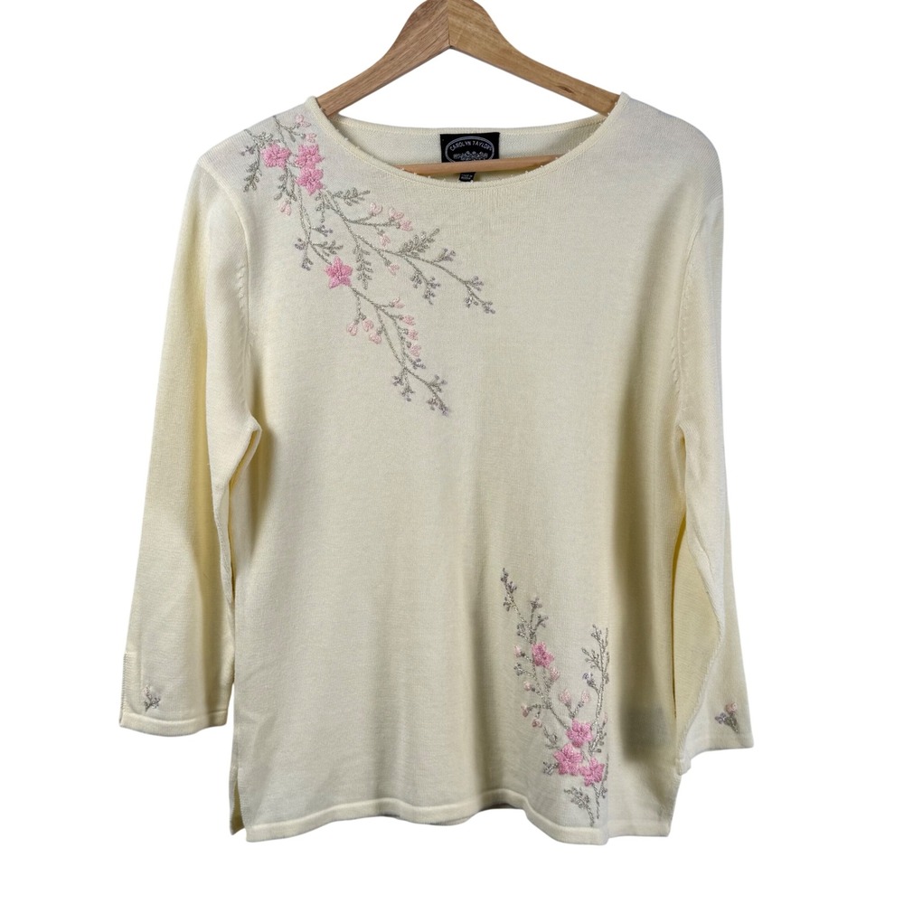 Carolyn Taylor Floral Embroidered Knit Sweater Cream Pink Womens M Vintage 90s